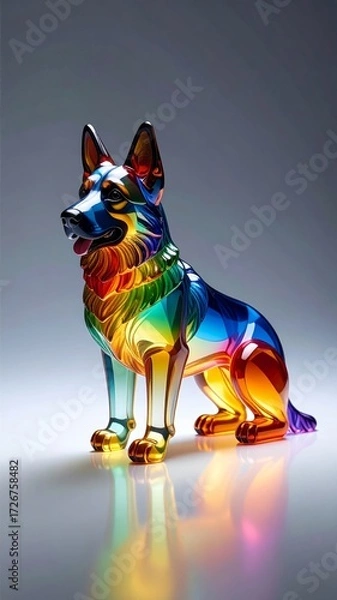 Obraz A beautiful and colorful German Shepherd figurine made of rainbow-colored glass or crystal. The transparent dog statue creates vibrant reflections in a clean studio setting.