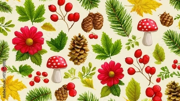 Fototapeta Autumn nature pattern with leaves, berries, mushrooms pinecones