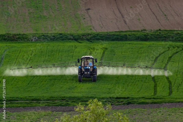 Fototapeta Aerial view of tractor spraying crop in green farm fields with pesticide