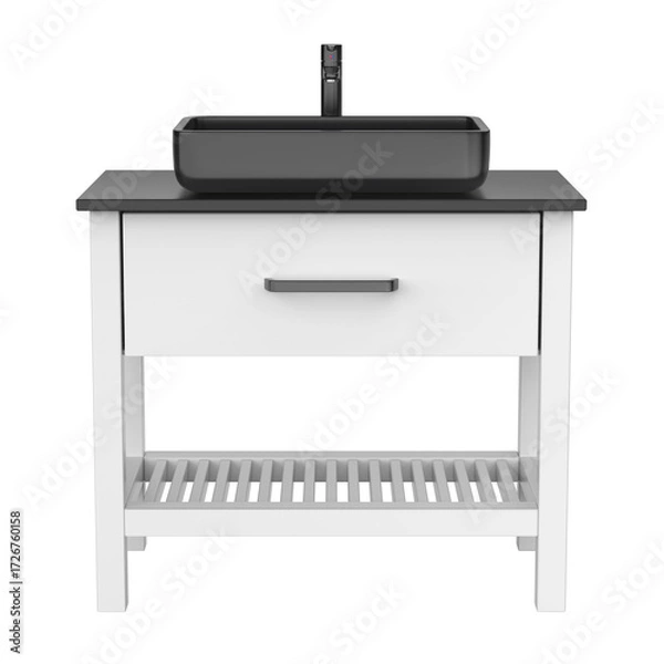 Fototapeta White wash basin cabinet with black sink and faucet on transparent background