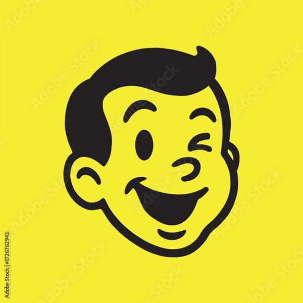 Obraz Retro cartoon boy face winking illustration on yellow background