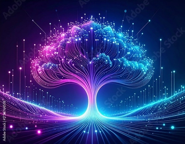 Fototapeta A vibrant, glowing tree of light, symbolizing technology and connection.