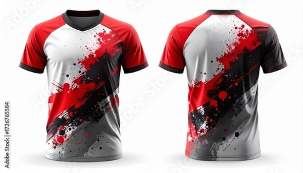 Fototapeta Front and back view of a stylish short-sleeved v-neck t-shirt with a modern abstract design, Abstract graphic printed casual tee shirt mockup in modern style