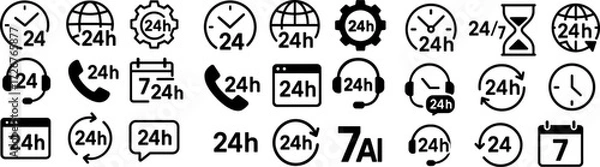 Fototapeta Vector set of 24 hour service icons including clocks, headsets, phones, calendars, and global support symbols in black and white style. 4 hour service and support icon vector set