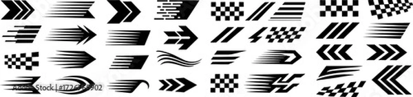 Fototapeta Vector set of racing speed lines, arrows, stripes, and checkered flag designs, fast motion graphic elements for motorsport and vehicle decals. Motorsport fast motion graphic decal set