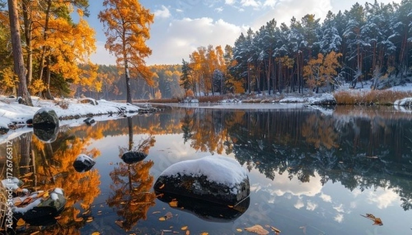 Fototapeta Autumn Reflections: A Tranquil Lake Embraces the Transition of Seasons, Where Fall Colors Meet a Touch of Winter's Frost