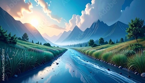 Fototapeta Tranquil River Flowing Through Mountain Valley at Sunrise, Serene Mountain Stream Landscape with Lush Green Meadows and a Clear Blue Sky