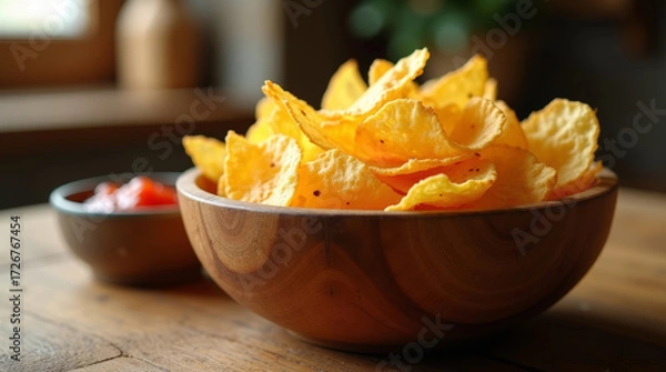 Fototapeta Golden crispy potato chips served in a wooden bowl with salsa dip on rustic wooden table. Snack food concept for lunch or party