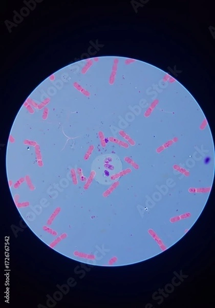 Fototapeta Microscopic View of Rod-shaped Bacteria in Blue Stained Sample for Scientific Research