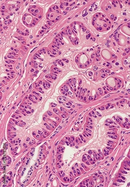 Fototapeta Microscopic View of Intestinal Tissue with Pink and Purple Staining Showing Cells and Structures