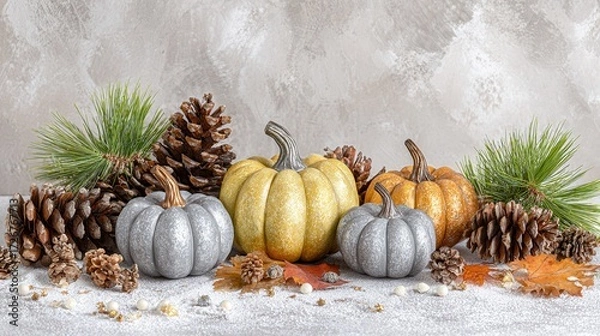 Fototapeta Shimmering pumpkins pine cones on autumn display