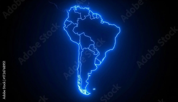 Fototapeta 3D map bordered with neon blue light