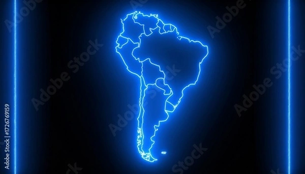 Fototapeta 3D map bordered with neon blue light