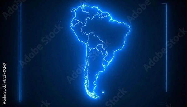 Fototapeta 3D map bordered with neon blue light