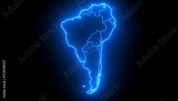 Fototapeta 3D map bordered with neon blue light