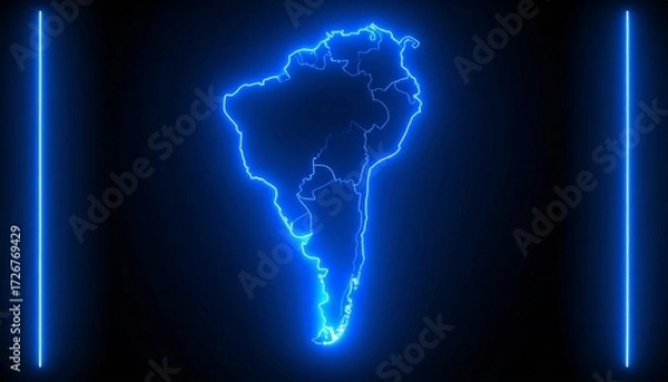 Fototapeta 3D map bordered with neon blue light