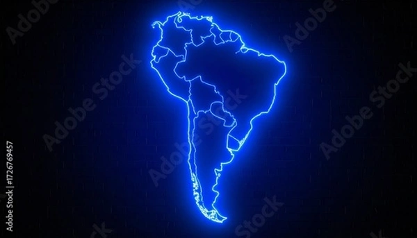 Fototapeta 3D map bordered with neon blue light