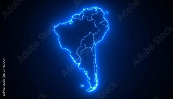 Fototapeta 3D map bordered with neon blue light