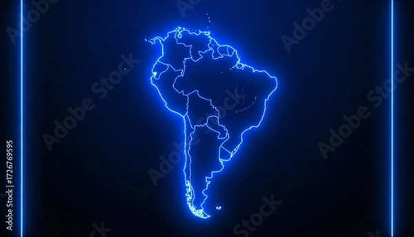 Fototapeta 3D map bordered with neon blue light