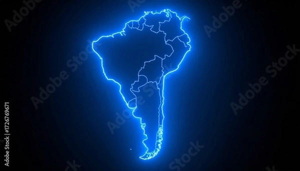 Fototapeta 3D map bordered with neon blue light