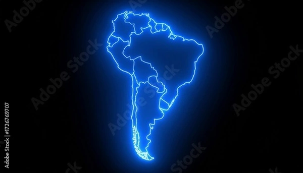 Fototapeta 3D map bordered with neon blue light