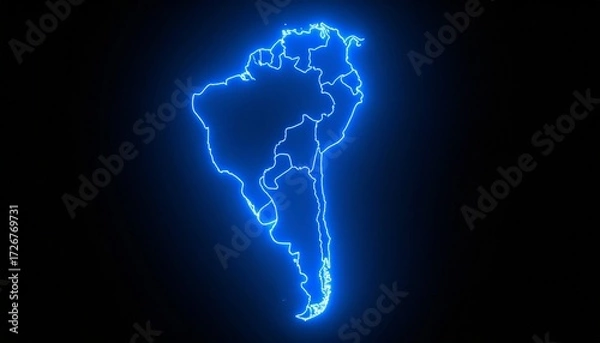 Fototapeta 3D map bordered with neon blue light