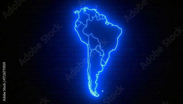 Fototapeta 3D map bordered with neon blue light