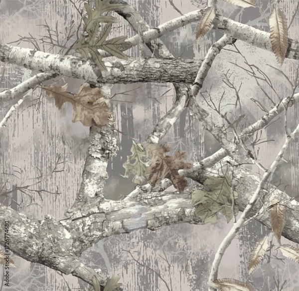 Fototapeta Realistic forest camouflage. Seamless pattern. Conifer tree, branches and leaves on sky blue background. Useable for hunting and military purposes.	
