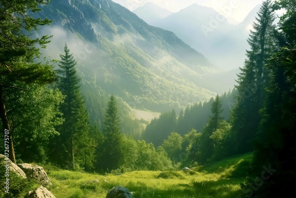 Fototapeta Sunlit Mountain Valley with Mist and Evergreen Forest, Green Mountain Landscape with Sun Rays in the Trees