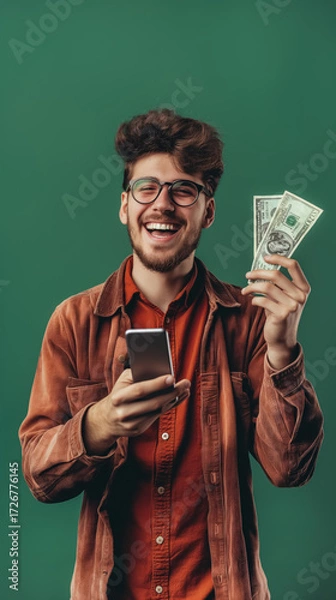 Fototapeta Smiling young man with glasses holding mobile phone and dollar bills while expressing excitement. Modern portrait representing personal finance success, digital rewards, and joyful achievement.
