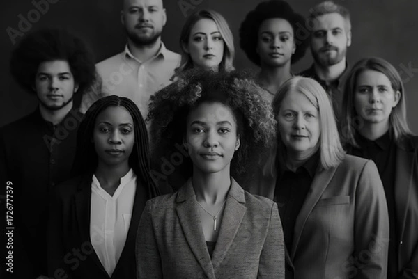Fototapeta A determined group of professionals is captured in monochrome strength and unity. Their serious expressions reflect resilience, leadership, and collective resolve.