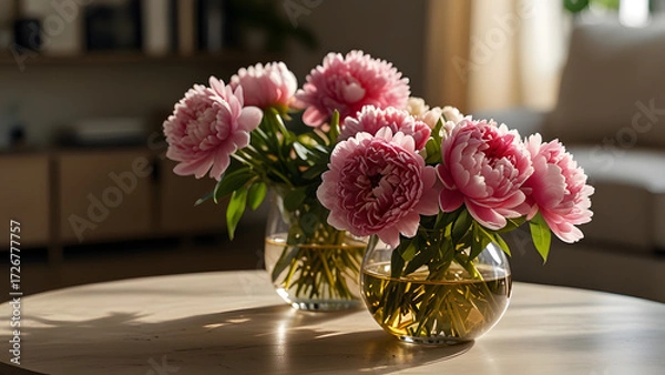 Fototapeta Vibrant peonies bask in golden sunlight on a stylish table, creating an atmosphere of warmth and serenity in a modern living space
