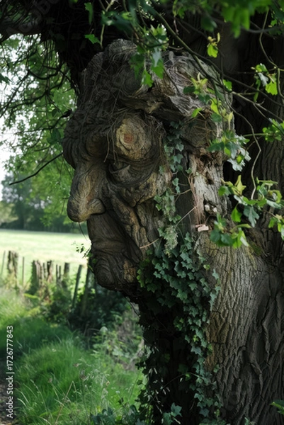 Fototapeta A weathered tree reveals the haunting likeness of a human face within its bark. The natural sculpture blends mystery, imagination, and the spirit of the forest. a man created by trees