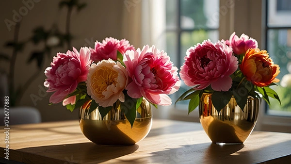Fototapeta Vibrant peonies bask in golden sunlight on a stylish table, creating an atmosphere of warmth and serenity in a modern living space
