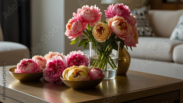 Fototapeta Vibrant peonies bask in golden sunlight on a stylish table, creating an atmosphere of warmth and serenity in a modern living space
