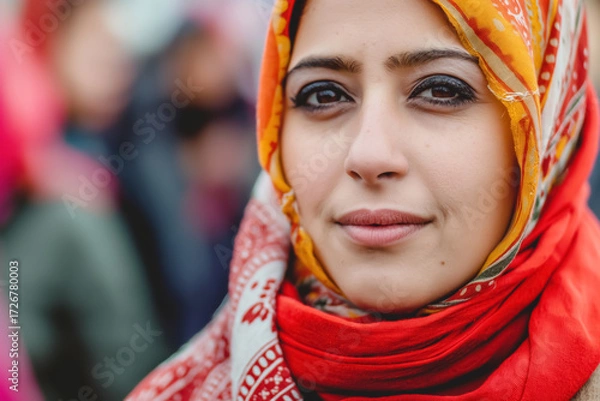 Fototapeta Close-up portrait of a confident woman in a bright orange and red patterned hijab at a rally. Warm expression highlighting strength, culture, and individuality.