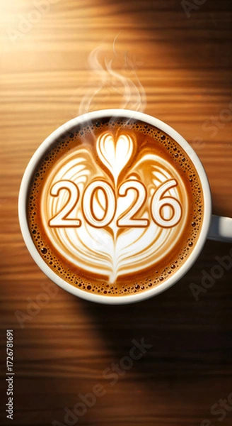 Fototapeta Steaming coffee cup with milk foam shaped into 2026  