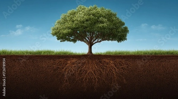 Fototapeta Lush green tree with extensive roots in rich soil.