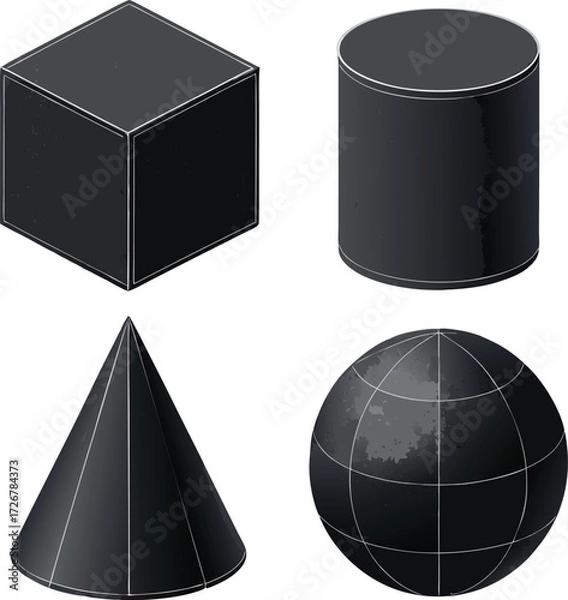 Fototapeta Set of 4 designs solid black silhouette geometric, cube, cone, cylinder, pyramid, sphere, full black fill, realistic proportions, isolated on white background, vector-friendly, no text.