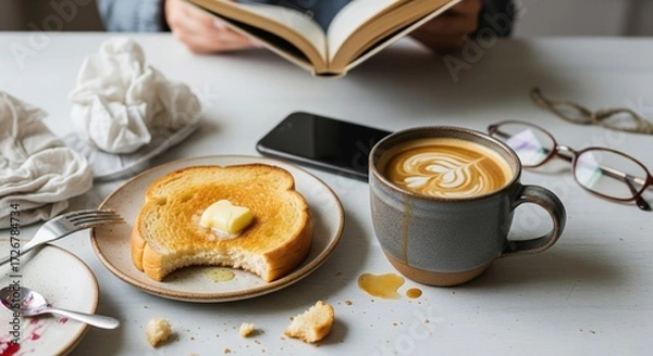 Fototapeta Cozy Morning Scene with Toast Coffee Book and Relaxing Atmosphere