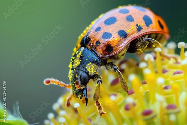 Fototapeta Macro Photograph of a Beetle Covered in Pollen on a Flower.