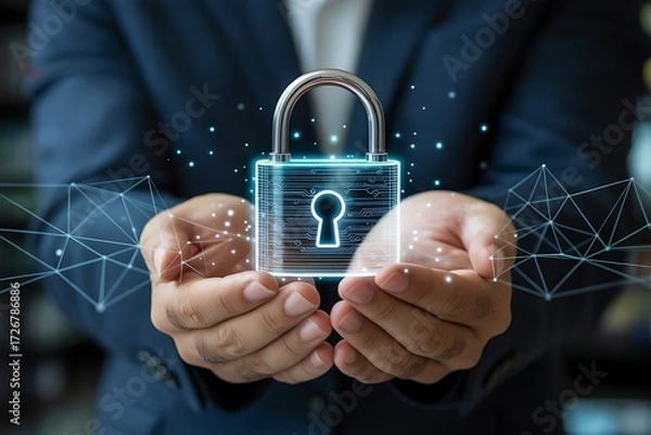 Obraz Person in suit holding digital padlock with glowing circuit lines and network connections security data