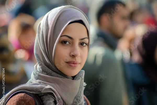 Fototapeta Portrait of a woman in a beige hijab at a rally. Calm, confident expression with a focus on cultural identity and resilience.