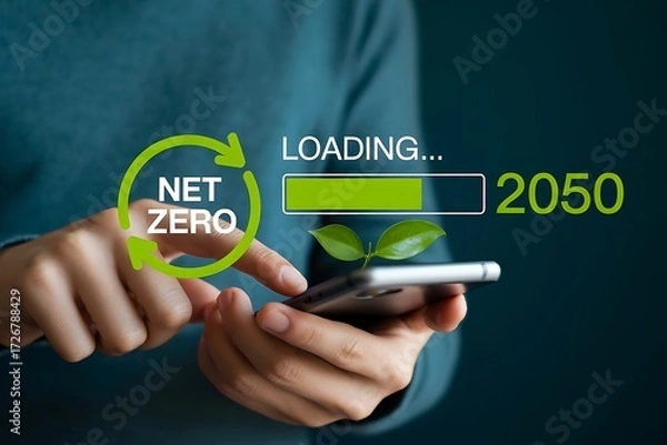 Obraz Person using smartphone with net zero loading bar and year 2050 graphic sustainability environment