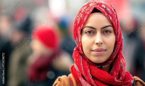 Fototapeta Portrait of a young woman in a patterned red hijab standing confidently in a public crowd. Calm gaze reflecting individuality, dignity, and cultural pride.