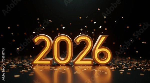 Obraz Golden 2026 a dazzling display of the year ahead, with lustrous gold numerals set against a dark backdrop, surrounded by a cascade of shimmering confetti, symbolizing prosperity, joy