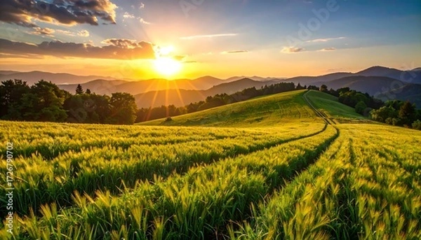 Obraz Lush field at sunset over mountains