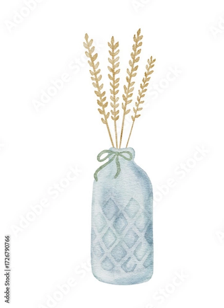Fototapeta A digital watercolor illustration of dried wheat stalks placed in a rustic vase, suitable for fall, rustic, and harvest designs.