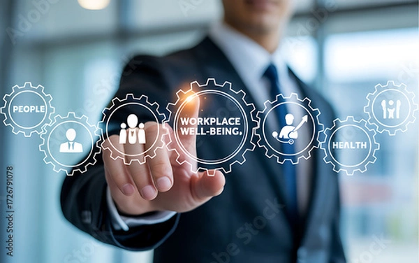 Fototapeta Businessman touching digital interface with workplace well being icons