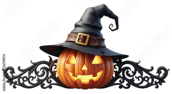 Fototapeta 3D Halloween Pumpkin Jack O Lantern with Witch Hat and Ornamental Scrollwork Glowing Festive Decoration.